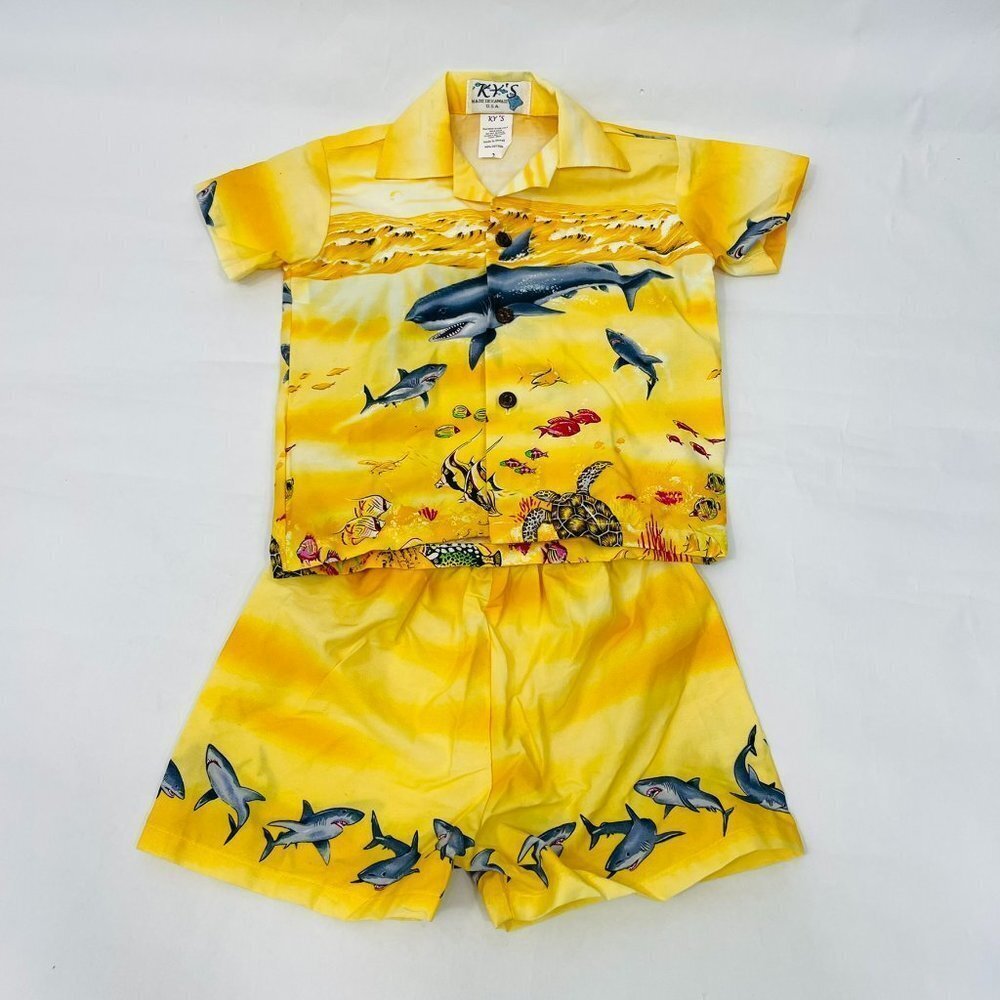 KY’s‎ Hawaii Size 2 Sharks Print Aloha Shirt + Shorts Set 100% Cotton Yellow